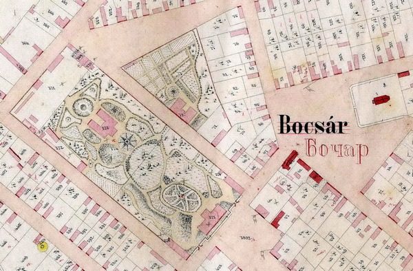 plan Bočara iz 1906. godine sa ucrtanim imanjima barona Ivana Bajića i Alojz Bajera (u 19. veku Hertelendi)