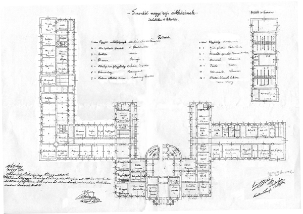 Plan dogradnje prizemlja zgrade 1885. godine, s potpisima graditelja Partoša i Lehnera