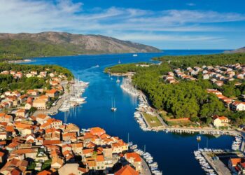 Aerial sunset view of Stari Grad, a town at Hvar island, Croatia