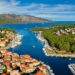 Aerial sunset view of Stari Grad, a town at Hvar island, Croatia