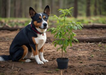 Default A dog sits next to young tree seedlings 0 2